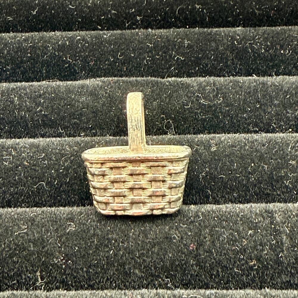 Vintage Sterling Silver Basket Charm Pendant Woven Design 0.75 Inches Tall